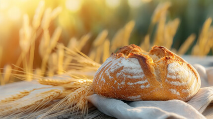 Rustic Loaf of Bread with Wheat Stalks in Sunlit Field