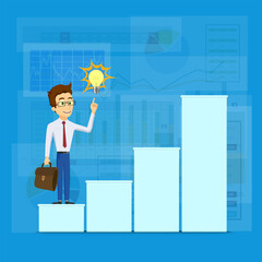 Businessman standing in front of stairs with steps. Career ladder of success. Vector illustration