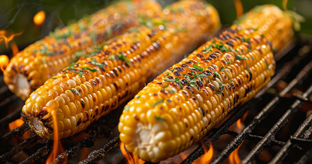 Grilled Corn on the Cob Topped with Herbs on a Barbecue Grill