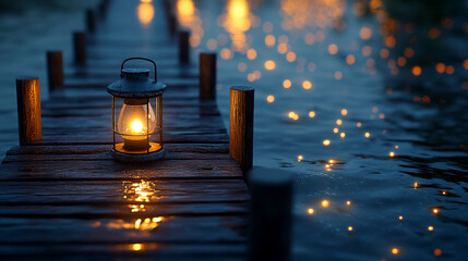 Portrait of a vintage lantern glowing softly on a wooden dock with ocean in the background
