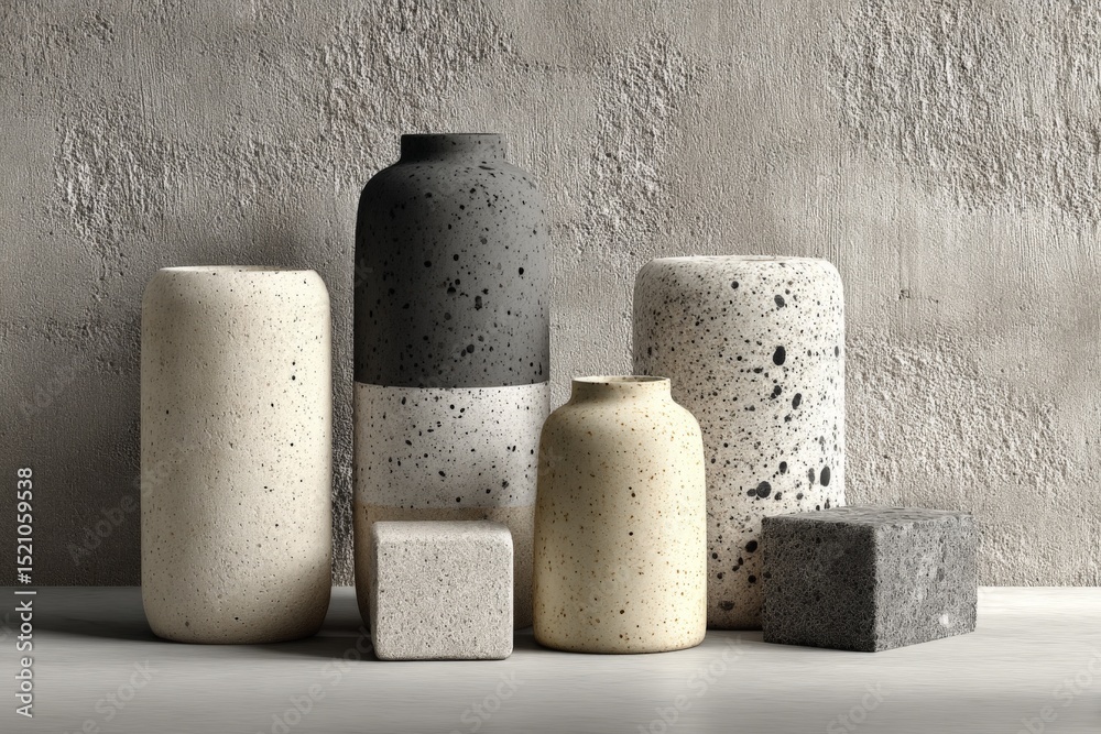 Poster collection of modern vases arranged stylishly on a wooden surface with textured background in neutra