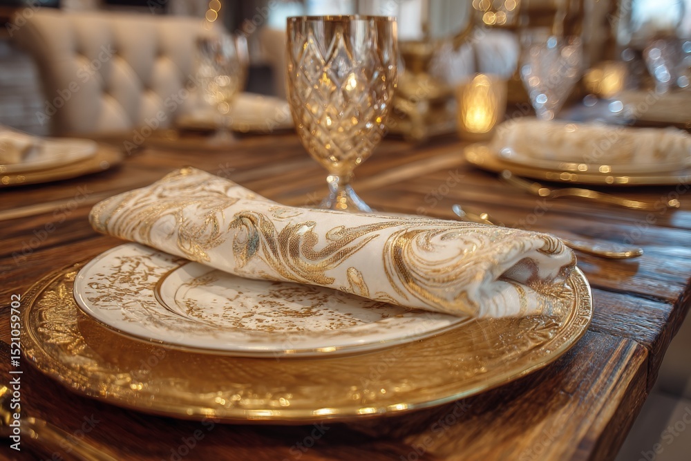 Poster elegant table setting with golden accents and intricate tableware for a special occasion or dinner p