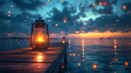 Portrait of a vintage lantern glowing softly on a wooden dock with ocean in the background
