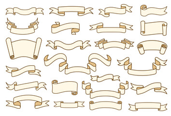 Collection of vintage banners with brown outlines in different shapes and styles, scroll-like