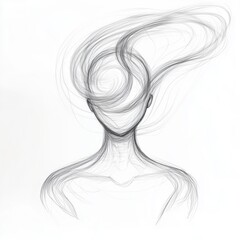 Fototapeta premium Pencil sketch of a calm seated figure, breath visualized as soft contour waves around the head. Symbol of mindfulness, presence, and inner balance. Suitable for mental health and wellness themes.