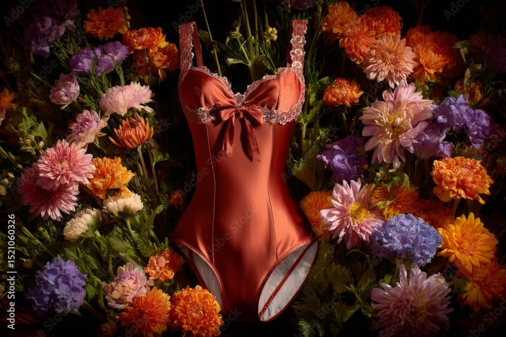Poster elegant swimsuit surrounded by vibrant flowers in a colorful display during a summer setting
