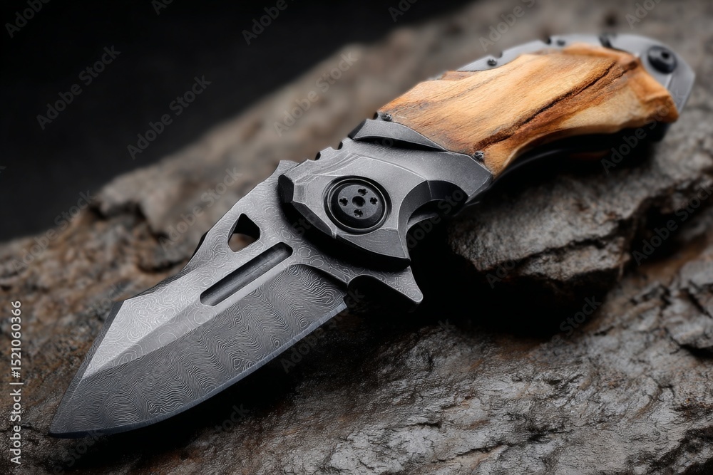 Poster high-quality folding knife with unique wood handle displayed on a rocky surface in natural light