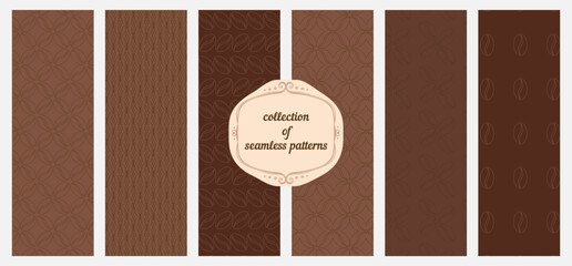 Big vector collection of stylish seamless pattern for coffee packaging templates in trendy linear style. Can be used for label, banner, poster, identity, branding.