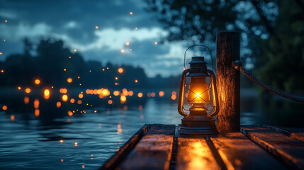 Portrait of a vintage lantern glowing softly on a wooden dock with ocean in the background
