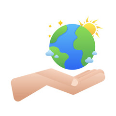 Hand holding Earth with sun and clouds concept of saving the planet. Ecology. Vector illustration