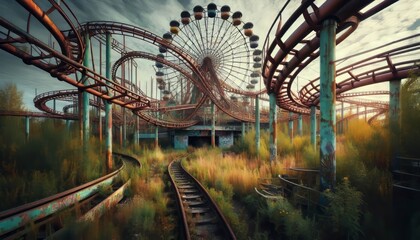 Abandoned Amusement Park Dilapidated rollercoasters faded paint