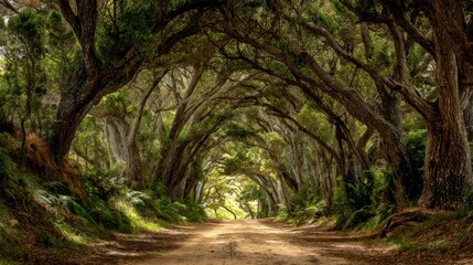 Naklejka premium Lush forest path sunlight through arched trees nature landscape