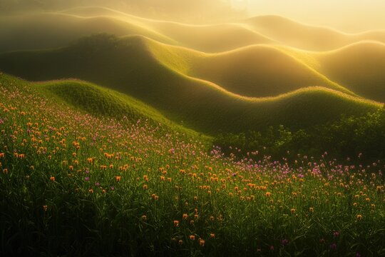 Golden sunrise illuminates rolling hills covered in vibrant wildflowers, creating a serene and picturesque landscape.