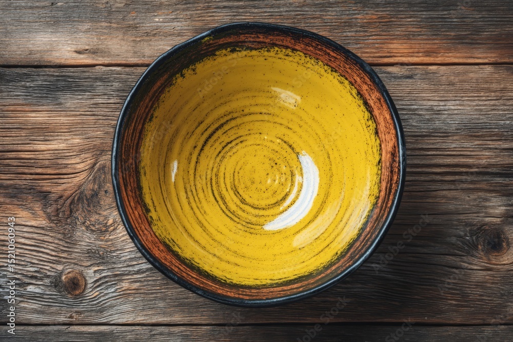 Poster bright yellow ceramic bowl resting on rustic wooden table showcasing unique patterns and textures