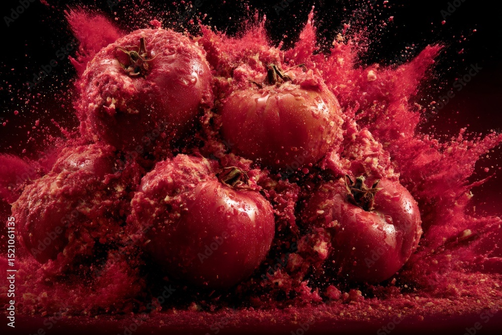 Poster Ripe red tomatoes burst open in a vibrant display of color and texture at a culinary event on a dark background