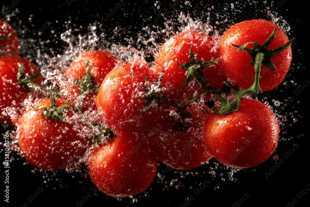 Poster Fresh cherry tomatoes splashing in water creating a vibrant and dynamic scene in a dark setting