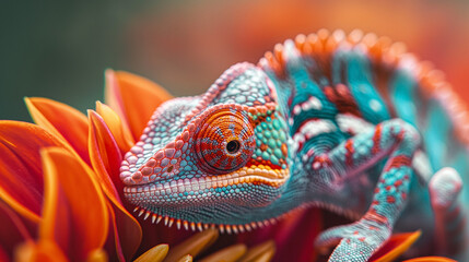 Fototapeta premium Vibrant Chameleon Resting on Orange Petals with Detailed Close-Up View