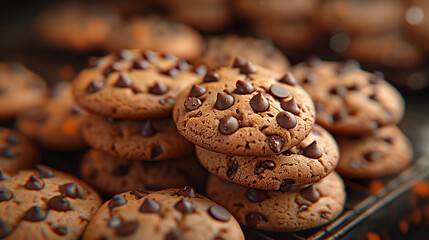 Close-Up of Stacked Freshly Baked Chocolate Chip Cookies
