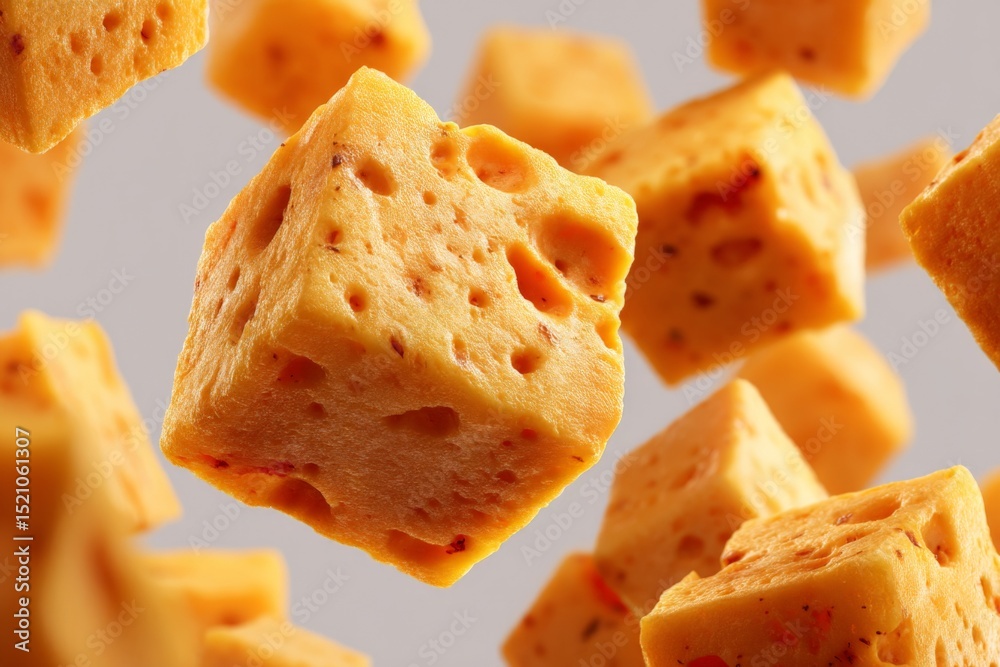 Aufkleber falling cubes of orange cheese with varied textures hovering in mid-air against a neutral background
