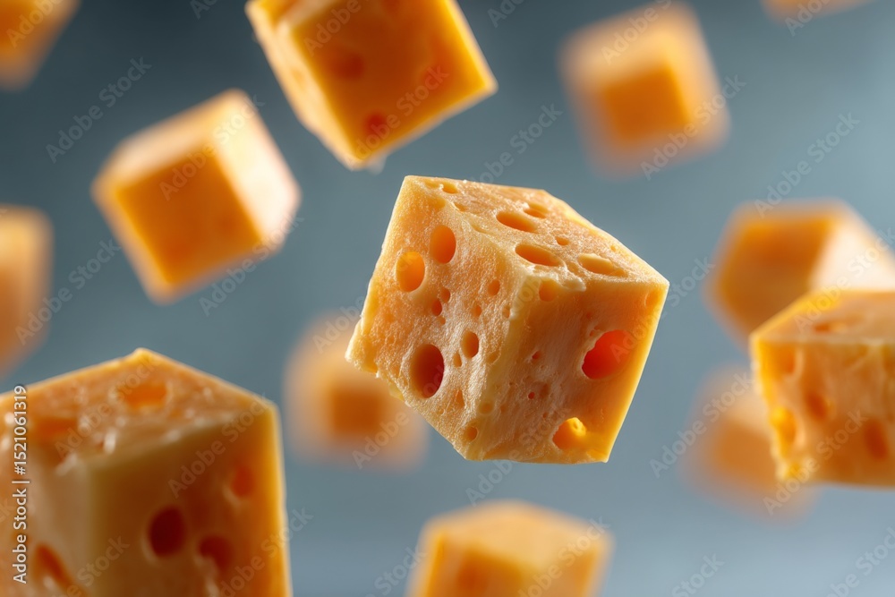 Poster Floating cubed cheese blocks scattered in mid-air against a smooth gray background showcasing vivid colors and unique textures