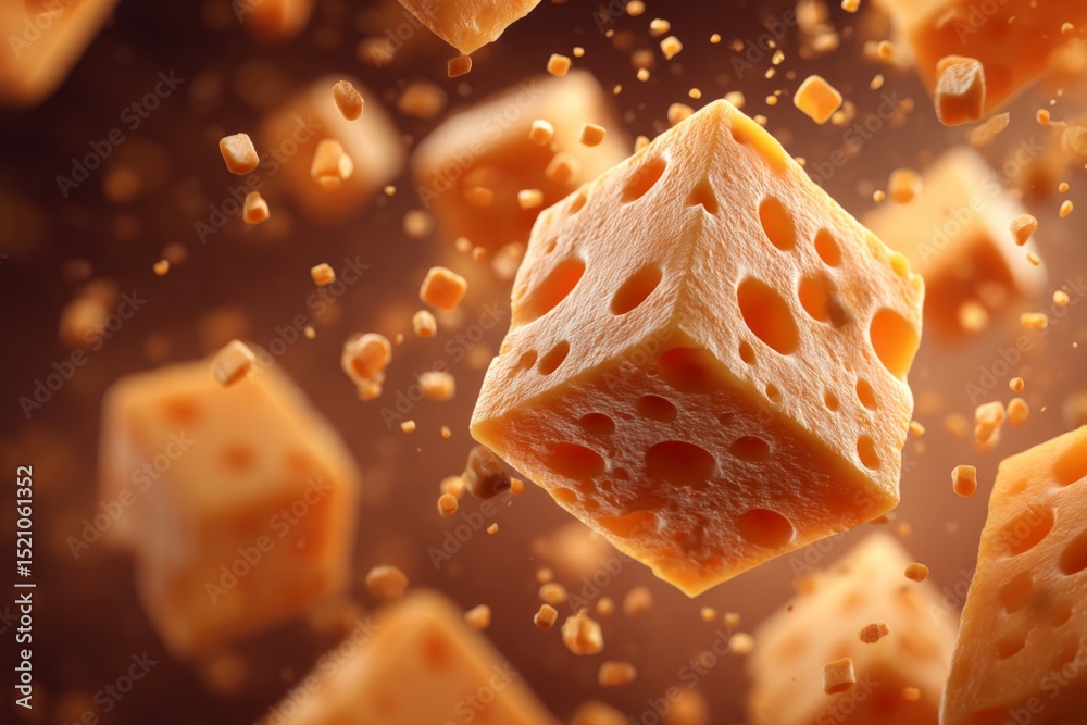 Aufkleber Floating cheese cubes creating an appetizing visual display with a warm background during a creative culinary project