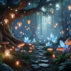 An enchanted clearing with glowing mushrooms crystal formations