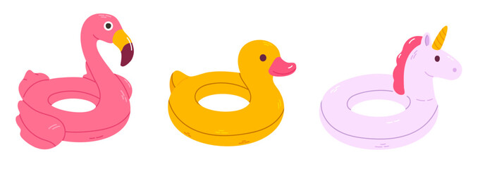 Collection of three isolated inflatable pool floats including flamingo, duck, and unicorn, ideal for summer designs and kids’ products