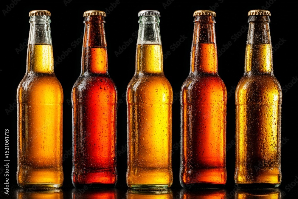 Aufkleber five glass bottles of various beers with condensation against a black background showcasing differen