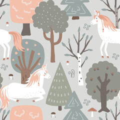 Seamless vector pattern with unicorns and magic forest. Vintage fairy background. Vector illustration