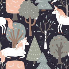 Seamless vector pattern with unicorns and magic forest. Vintage fairy background. Vector illustration