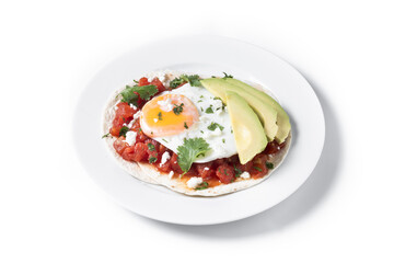 Huevos Rancheros isolated on white background. Traditional Mexican breakfast