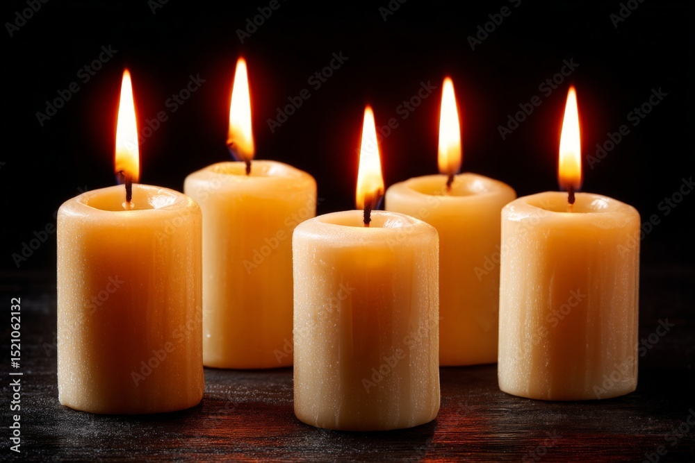 Poster Orange flames flicker softly on five candles arranged on a dark surface creating a warm atmosphere