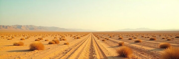 Vast, empty landscape stretching to a distant, barely visible horizon line Sparse vegetation dots the arid terrain, emphasizing the boundless expanse of the land under a pale sky , far, desert
