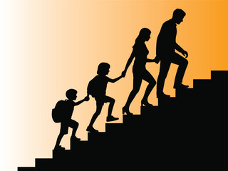 Silhouette of a family climbing stairs, supporting growth and education concept. family on the stairs. Silhouette of father and mother walking up stairs with their children