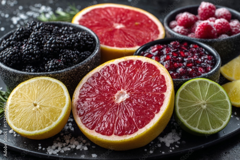 Poster vibrant display of fresh fruits including citrus and berries on a dark textured surface with coarse 