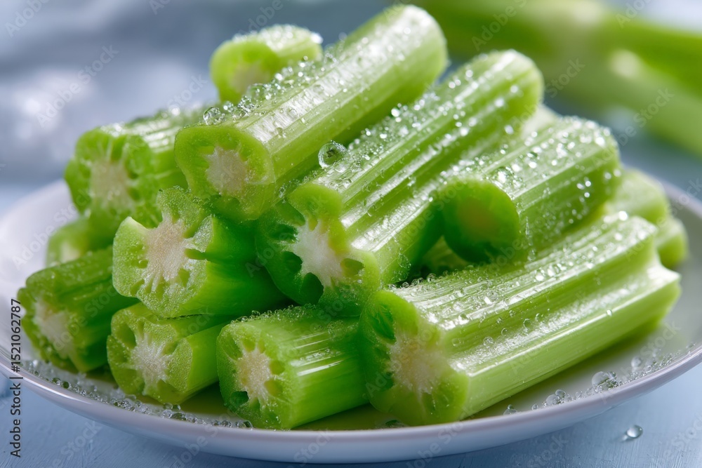 Poster freshly washed celery stalks arranged on a plate with water droplets, showcasing vibrant green color