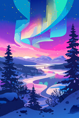 Flat vector illustration of view of Northern lights. Vector EPS 10