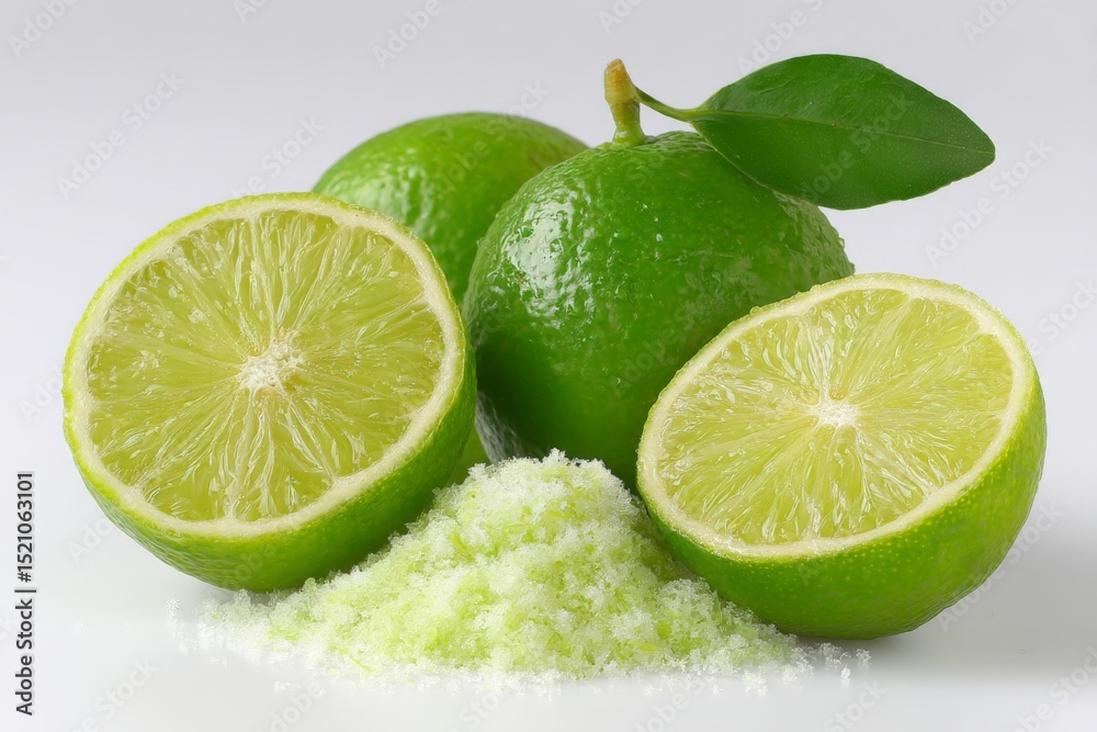 Poster Fresh limes with slices and zest on a plain background highlighting their juicy texture and vibrant color