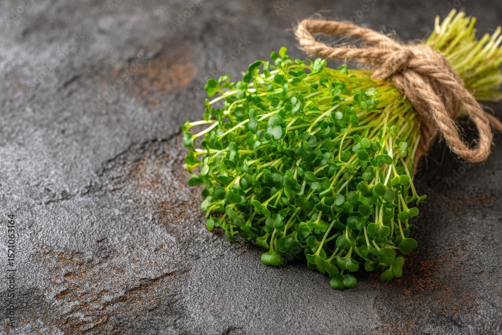 Poster Freshly harvested microgreens tied with twine on a textured surface for culinary use and presentation