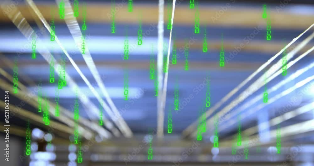  tunnel light beams shooting forward causing green binary digits falling for data flow