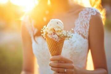 Wedding Ice Cream. Young Bride and Groom Indulging in Delicious Cone Dessert