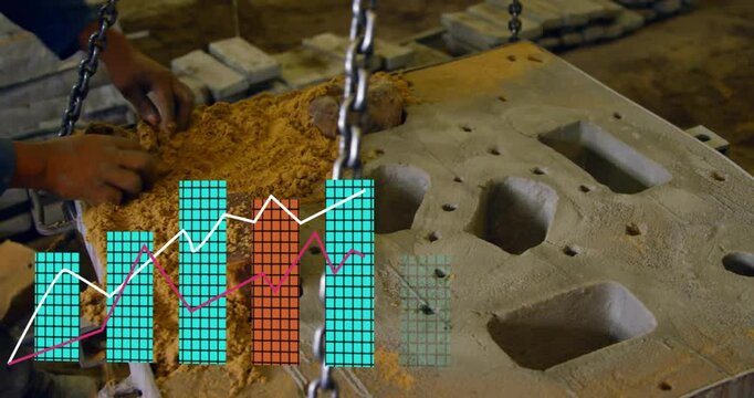When mold swinging, workers brushing sand from cavities and alternating smoothing for casting