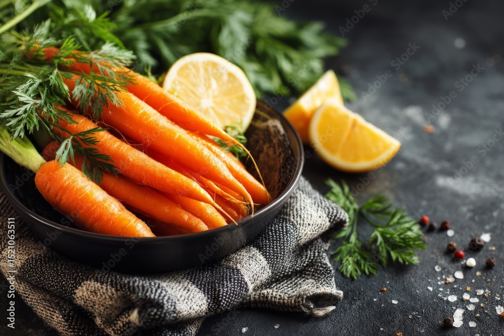 Poster fresh carrots and lemon slices arranged on a dark surface with herbs in a bowl