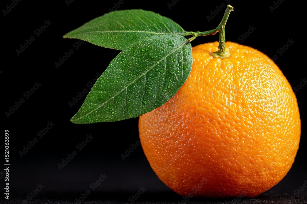 Poster Fresh orange with leaf showing dewdrops on a dark background in a close-up view