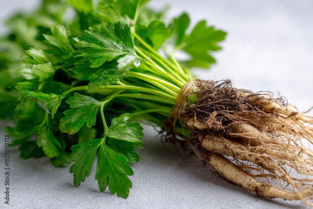 Poster fresh parsley with roots showcased on a neutral background in a kitchen setting during a bright day