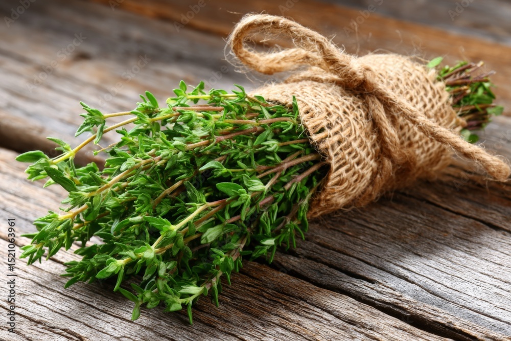 Poster freshly harvested thyme bundle on a rustic wooden table ready for culinary use in home cooking and g