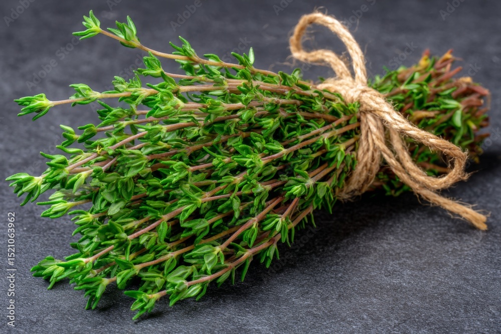 Poster freshly harvested thyme bundle tied with twine on a dark surface
