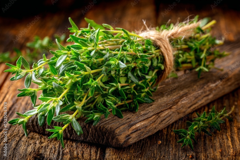 Poster fresh thyme tied with twine on a rustic wooden board in a warm kitchen setting