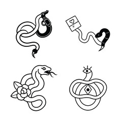 Four unique snake illustrations in a traditional tattoo style