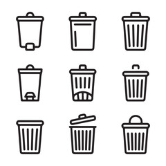 Trash Can Icon Set Collection. Vector Illustration of Various Trash Cans with Open and Closed Lids
